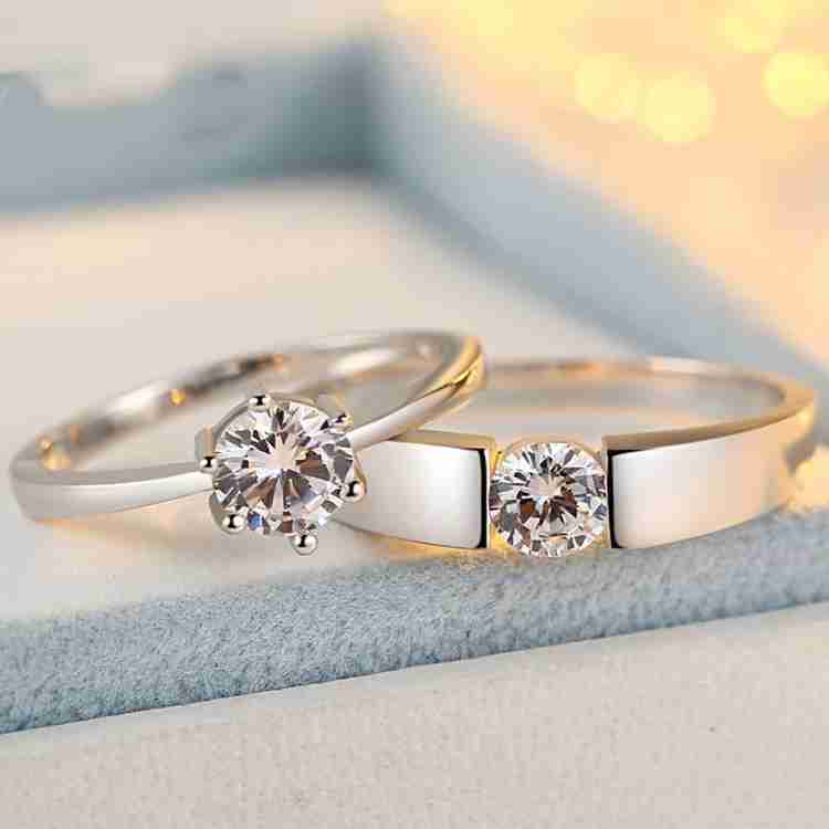 Karishma Kreations Adjustable Couple Rings Combo for Lovers Crystal Combine make 1 Hearts Love Birds Crown Engraved King Queen American diamond Valentine Gifts Adjustable Love Stylish Combo 925 Sterli...
