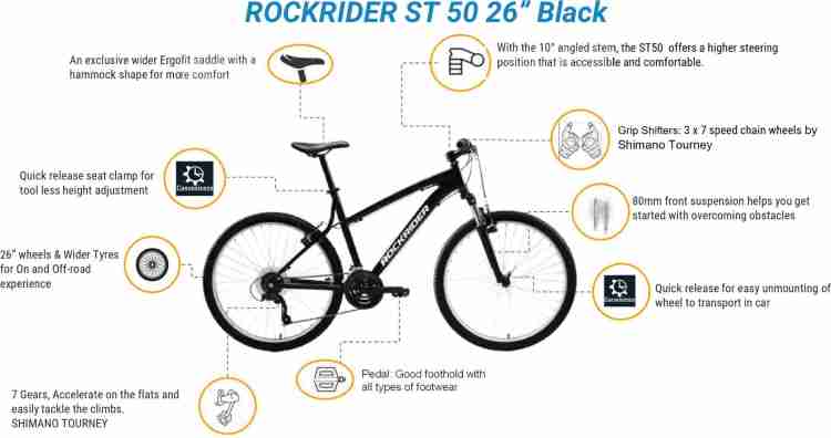 ROCKRIDER Mountain Bike ST 50 BLACK 26 T Mountain Cycle Price in India Buy ROCKRIDER Mountain Bike ST 50 BLACK 26 T Mountain Cycle online at Flipkart