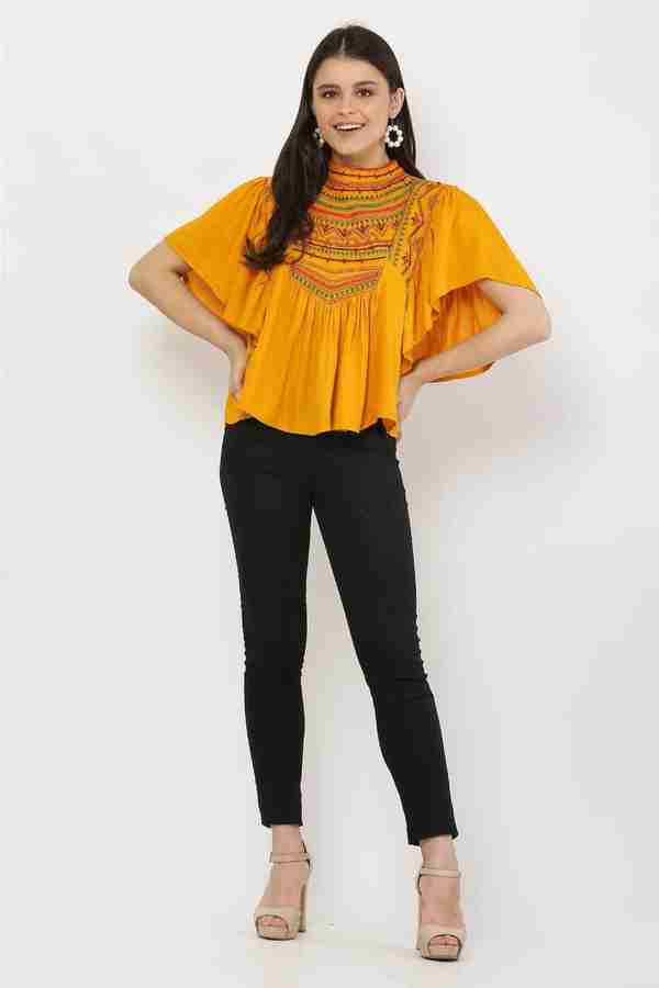 club factory fashion Casual Embroidered Women Yellow Top Buy
