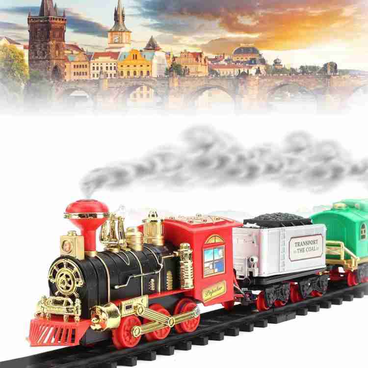 Battery operated toy train set with light store sound and smoke