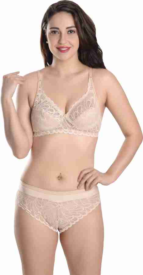 FIMS Beige Lace Work Bra Panty Set