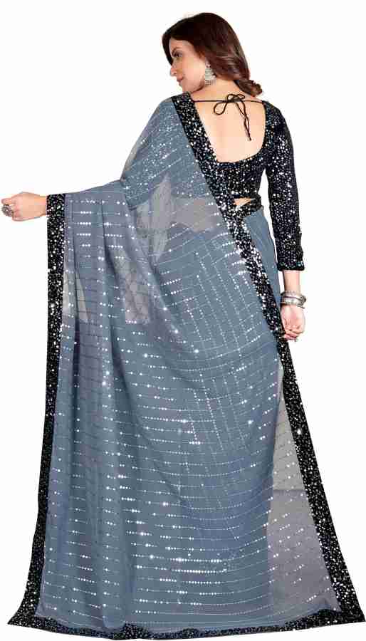 Buy PRATHAM BLUE Self Design, Embroidered, Embellished Bollywood Georgette Grey  Sarees Online @ Best Price In India