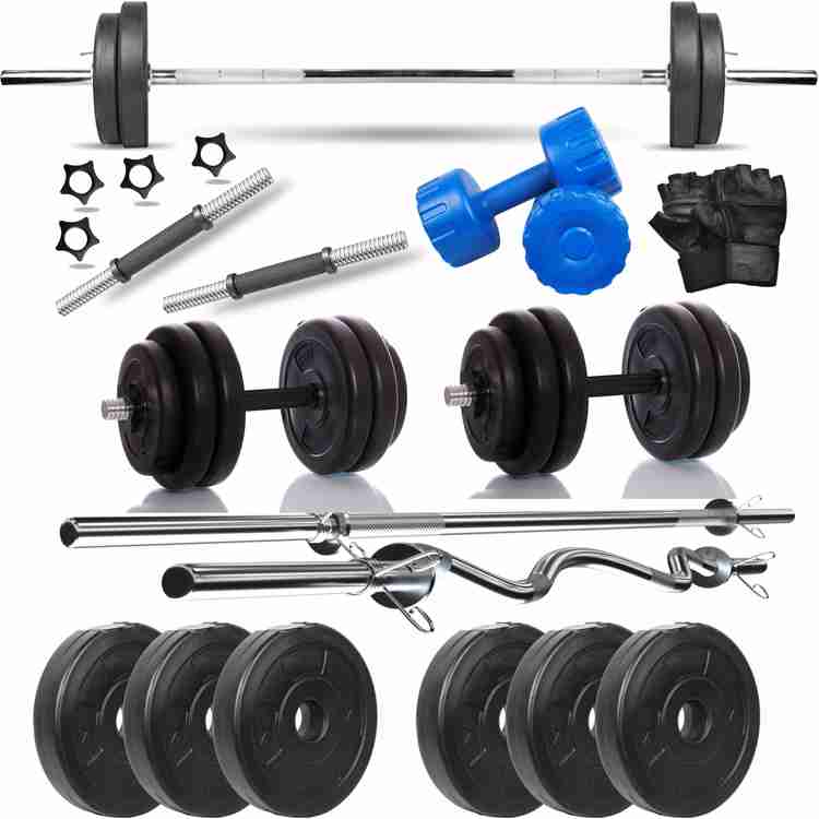 Gym Insane 18 kg home gym equipment set 3kgx6 weight plates 3 feet curl 3 feet straight rod adjustable 14 dumbbell set with blue dumbbell for men women Home Gym Combo