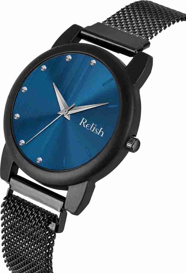 RELish Black Elastic Band Watch With Black Magnetic Mesh Strap