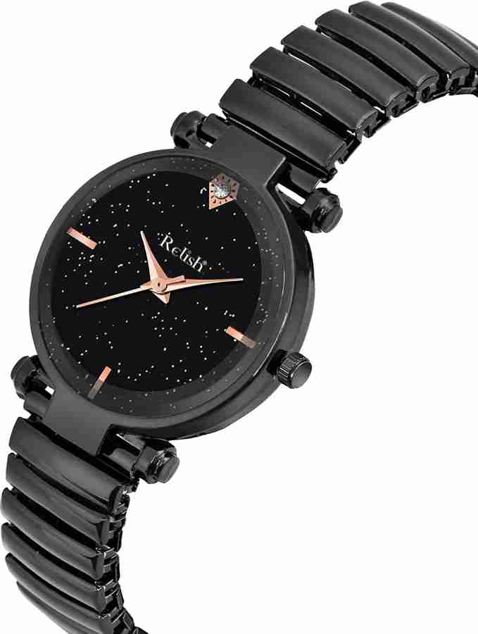 RELish Black Elastic Band Watch With Black Magnetic Mesh Strap