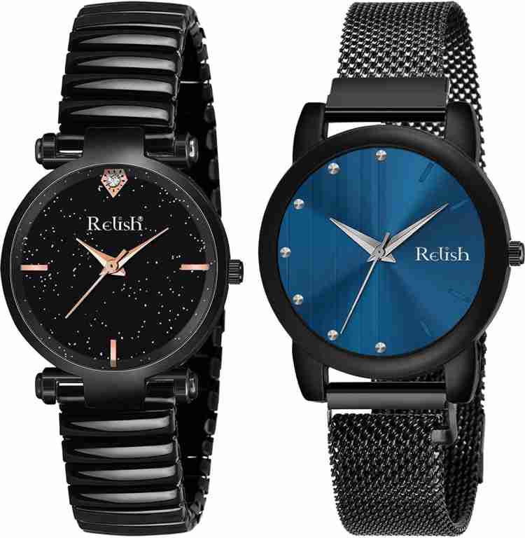 RELish Black Elastic Band Watch With Black Magnetic Mesh Strap