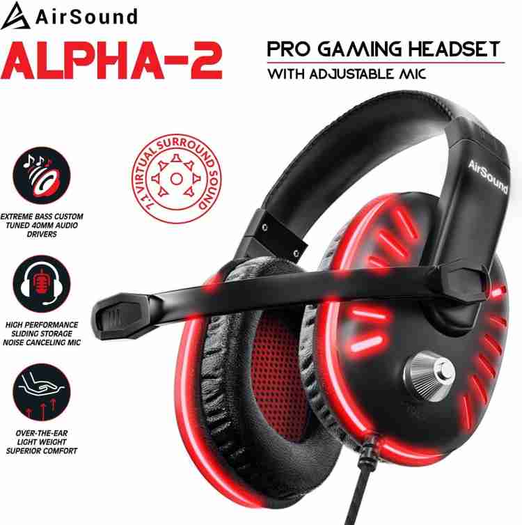 AirSound Gaming Over Ear Headset Headphone Red LED Lights 7.1