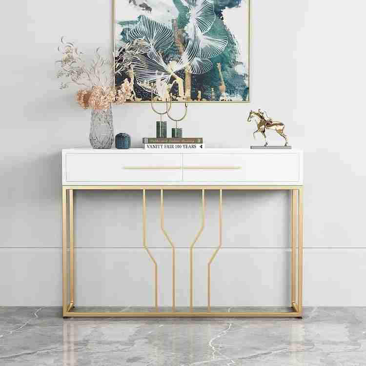 NG Decor Narrow Console Table with Drawers Wood Top in White Metal