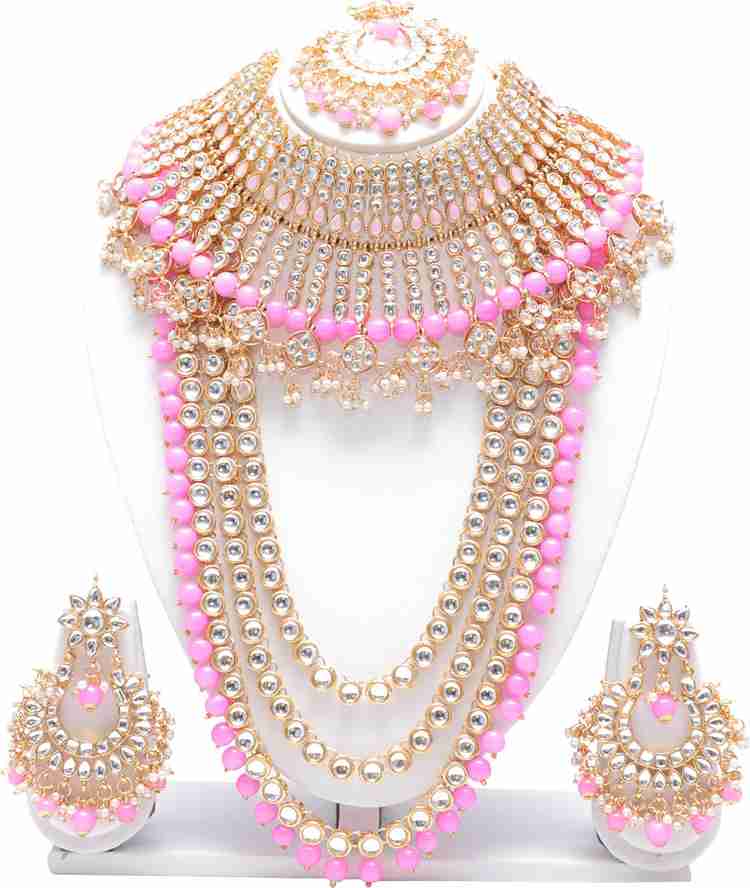 Swarajshop Alloy Gold plated Pink Jewellery Set Price in India