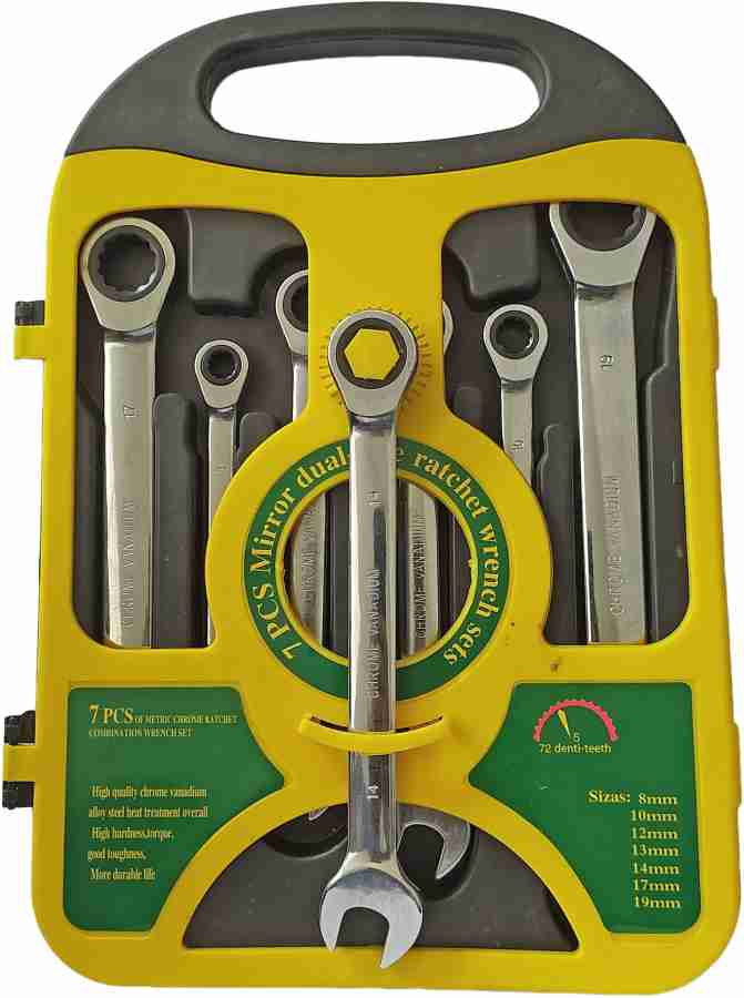 Inditrust 7PC Heavy duty Mirror doal Uses Ratchet wrench set  (8.10.12.13.14.17.19)mm Ratchet Spanner Combination Wrench Set Of Keys Gear  Ring Handle Chrome Vanadium Double Sided Combination Wrench Price in India  - Buy
