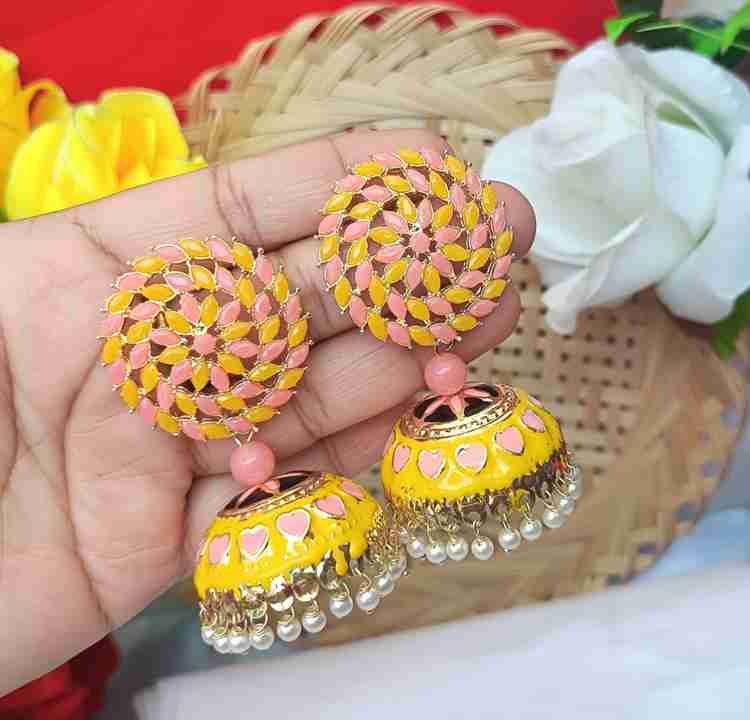 Flipkart Buy marvelous arts Yellow Pink Jhumkas Pearl Studded Earrings For Women Girls Metal Jhumki Earring Online at Best Prices in India