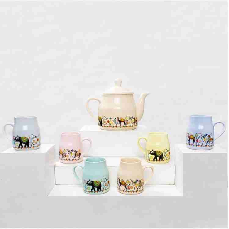 ROXX Pack of 7 Ceramic candy Morning Tea/Coffee 6 mug(180ml) & 1 Tea  Pot(600ml) multicolor