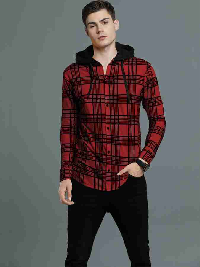 Red and black cheap check shirt with hood