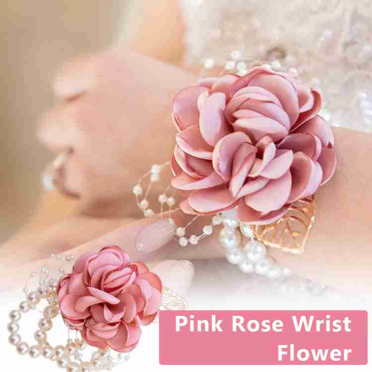 HANNEA Rose Corsage Pearl Bracelet Pink Floral Wrist Corsage