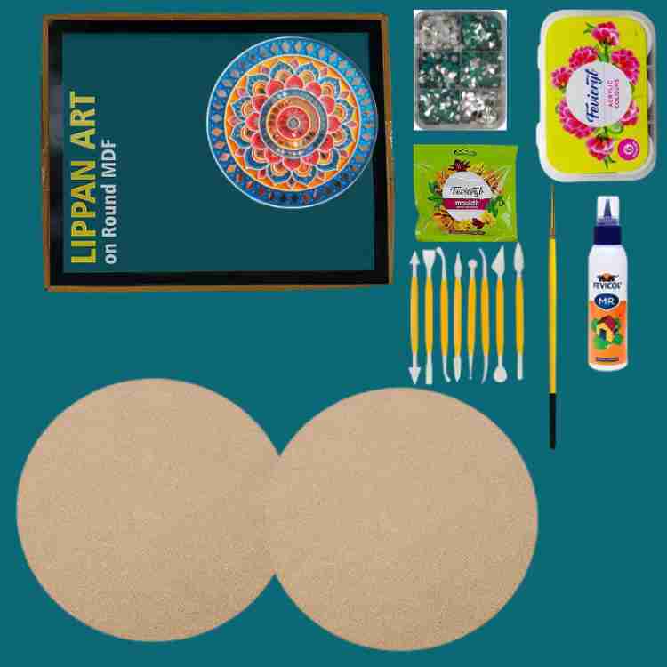 Decordial lippan Art Materials DIY kit with 8 Round Pre Marked MDF Board  (1 pcs lippan Art Clay, 2 pcs lippan Art Board, lippan Art Mirror, lippan  Art Painting Brush and Acrylic