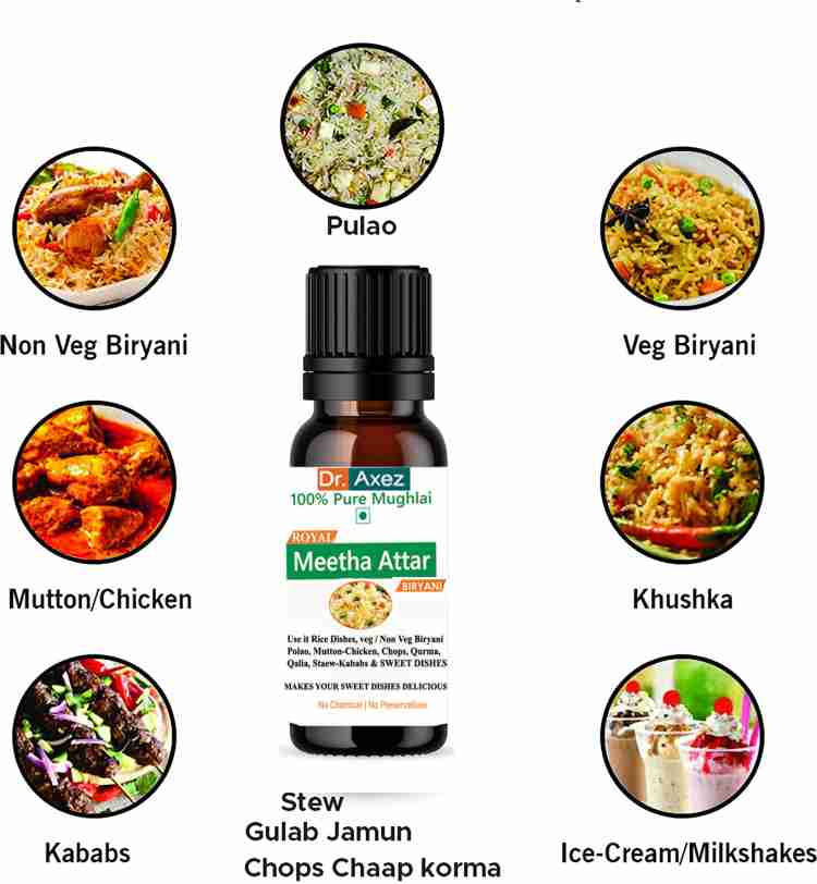 Dr. Axez Mughlai Meetha Attar Essence (30 ML) For Chicken/Veg Biryani,  Pulao, Mutton, Qurma, Korma, ICE Cream, Kabab & Dessert Floral Attar