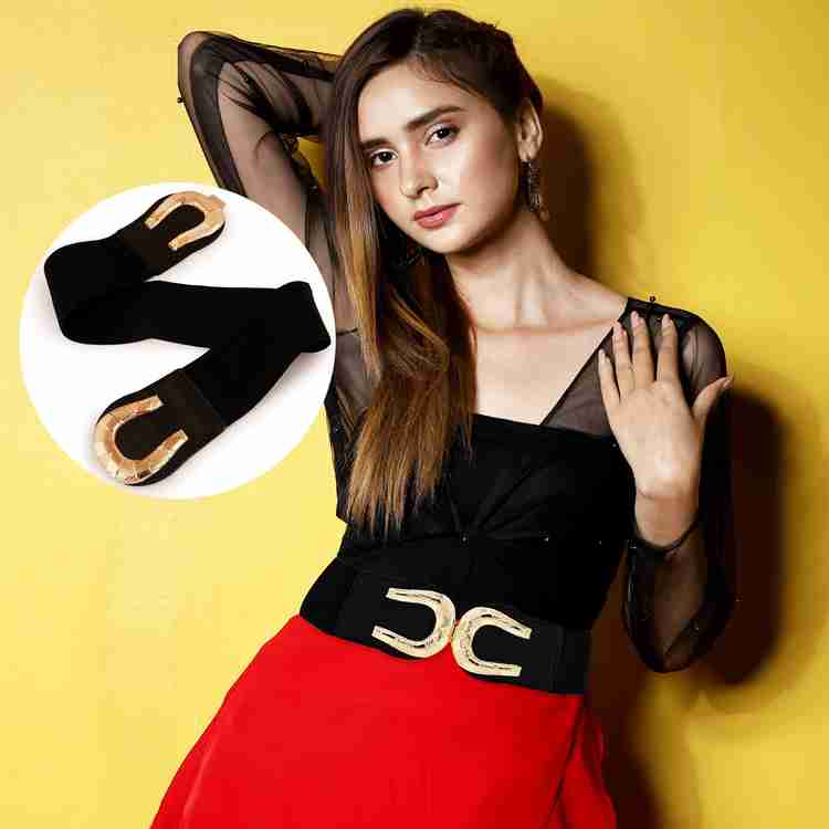 REDHORNS Women Casual Evening Party Formal Black Fabric Belt Black Golden Price in India Flipkart