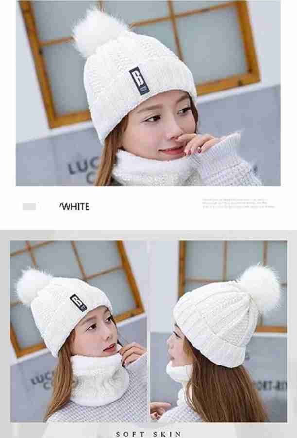 Zonkar Woman White Woolen Beanie Cap with Scarf Warm Snow Proof