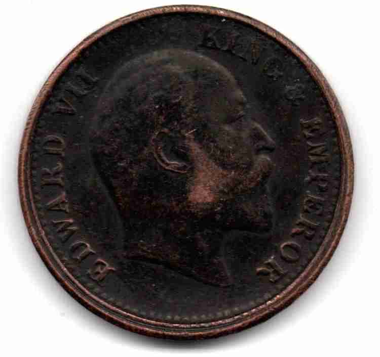 Extremely Rare One Quarter Anna 1909 of Edward Vii King Emperor