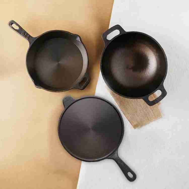 The Indus Valley Cast Iron Super Smooth Combo Skillet-24.8cm, Tawa-26cm, Kadhai-26 Cm Induction Bottom Cookware Set
