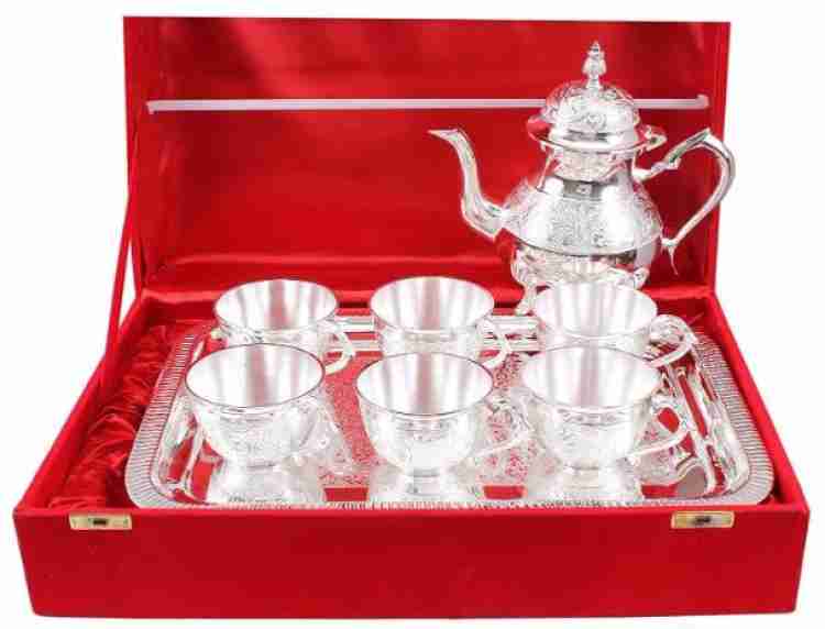 Luminous creations Pack of 8 Brass Brass Gold & Silver Tea Set of 6 Cups 1  Tray 1 teapot with Velvet Box Price in India - Buy Luminous creations Pack  of 8