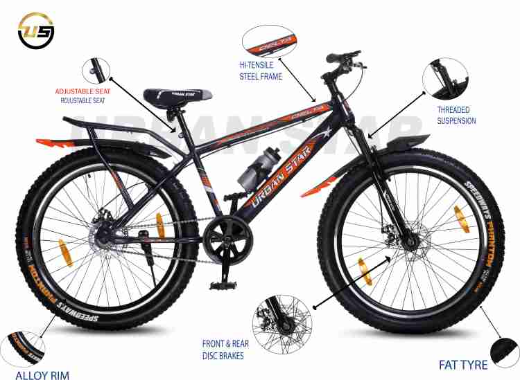 Urban Star 26T Double Disc with Carrier Fat Tyres 26 300 Pearl Black 26 T Fat Tyre Cycle Price in India Buy Urban Star 26T Double Disc with Carrier