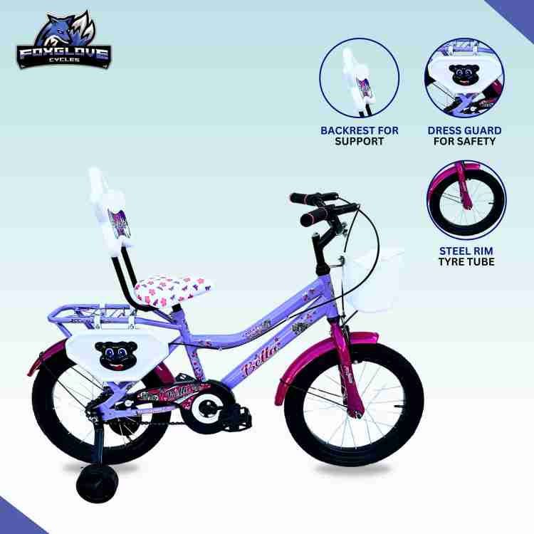FOXGLOVE BELLA 16T VIOLET PINK KIDS CYCLE IN DRESS GUARDS TYRE TUBE FOR AGE 5 TO 8 YRS 16 T Road Cycle Price in India Buy FOXGLOVE BELLA 16T VIOLET