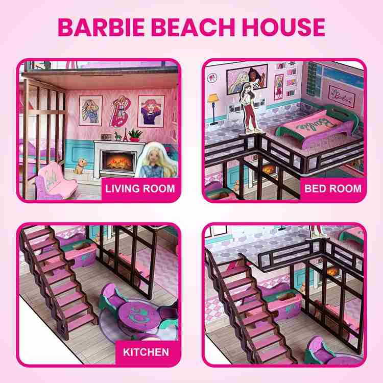 BARBIE Beach Doll House for Girls Boys DIY Paint Wooden Dollhouse Toy with Furniture