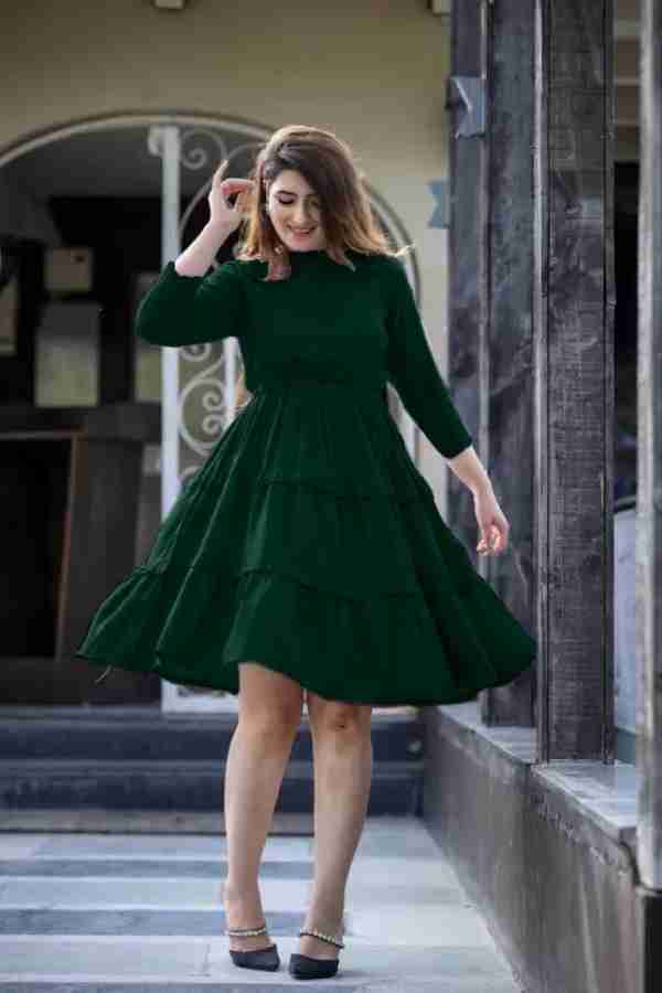 Fashonia Women Fit and Flare Dark Green Dress