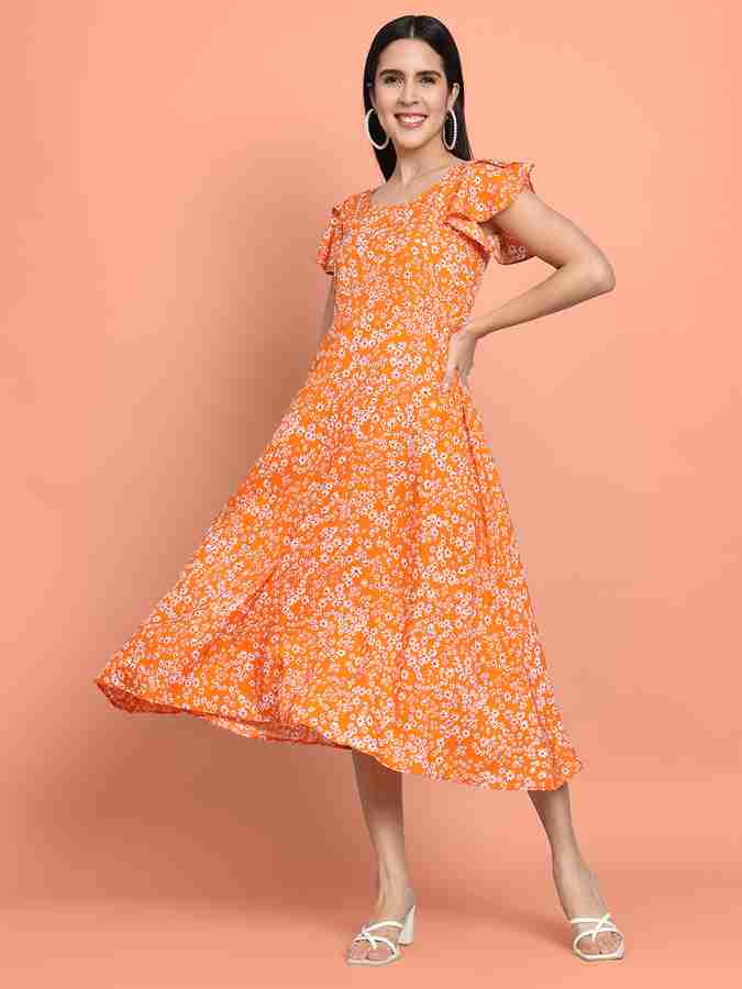Dream Beauty Fashion Women Fit and Flare Orange, White, Red Dress 