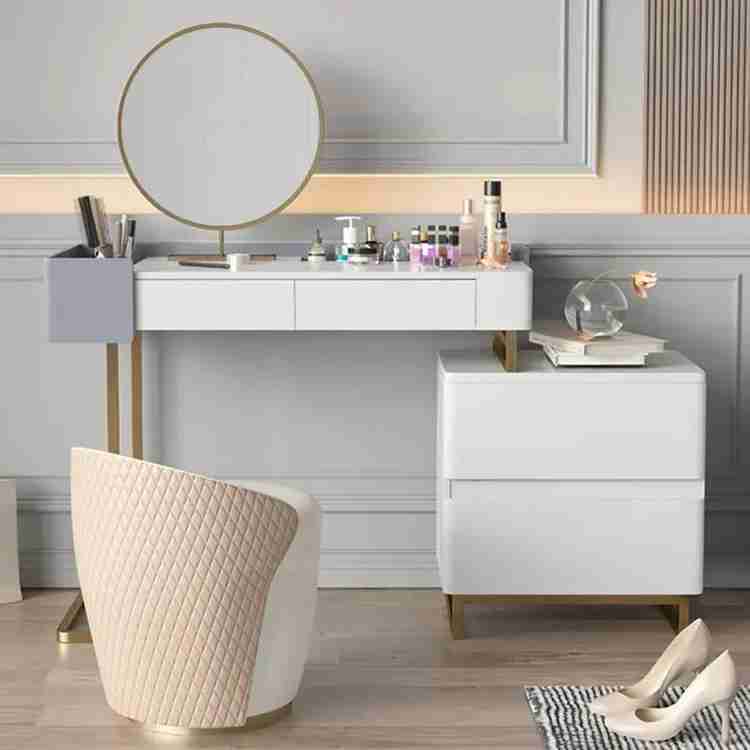 White makeup vanity dressing shop table with swivel cabinet mirror