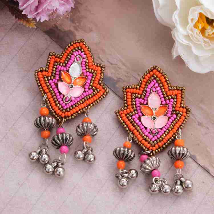 Flipkart Buy Vientiq Handcrafted Beaded Pink Orange Dangler Earrings for Women Girl s Beads Alloy Drops Danglers Online at Best Prices in India