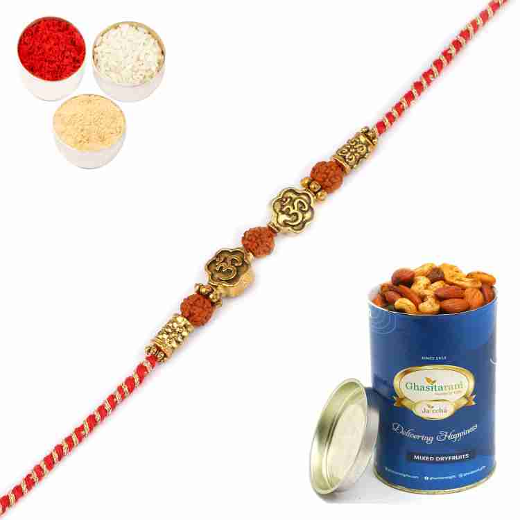 Ghasitaram Gifts LD-5602 Om Rudraksh Rakhi with Dryfruits