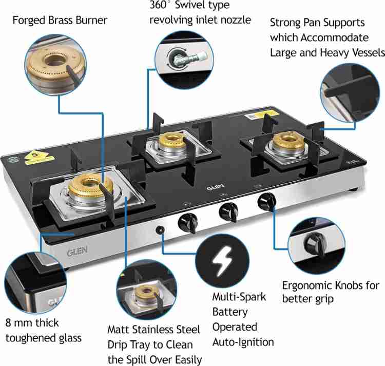 Glen 3 Burner Glass Cooktop 1038 SQ GT Forged Brass Burners Auto Ignition Glass Automatic Gas Stove Price in India Buy Glen 3 Burner Glass Cooktop 1038 SQ GT Forged Brass