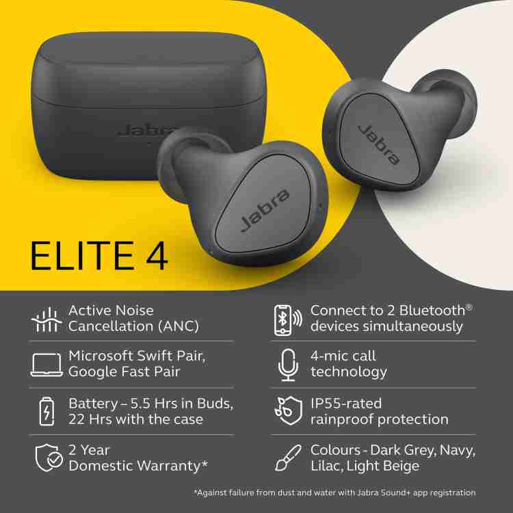 JABRA Elite 4 with Active Noise Cancellation, Multipoint, 4-mic call  technology Bluetooth