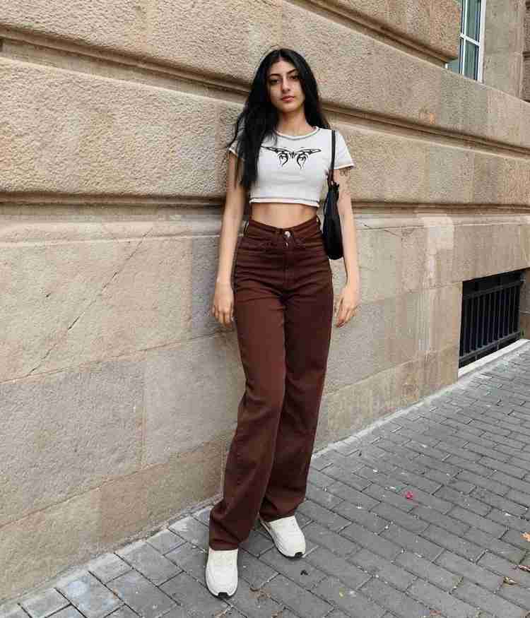 brown wide leg jeans outfit