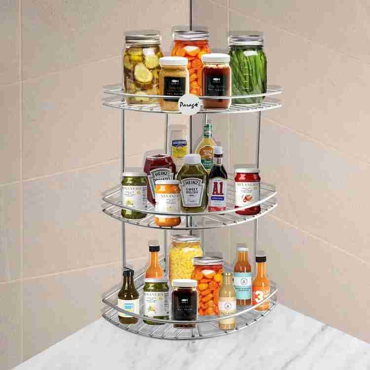 Parage Containers Kitchen Rack Steel Stainless Steel 3 Tier Multipurpose Storage Organizer Corner Stand for Kitchen and Bathroom Shelf Rack Bathroom Shelf Wall Mounted Chrome Finish Size 23 x 23 x 48