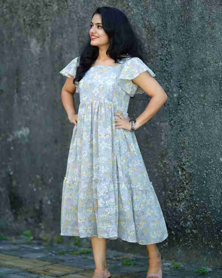 Crystalenterprisee Women A line Grey White Yellow Dress Buy Crystalenterprisee Women A line Grey White Yellow Dress Online at Best Prices in India Flipkart