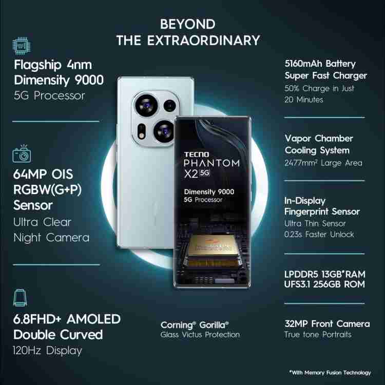 Tecno Phantom X2 5G Dual Curved AMOLED Display (Moonlight Silver, 256 GB)