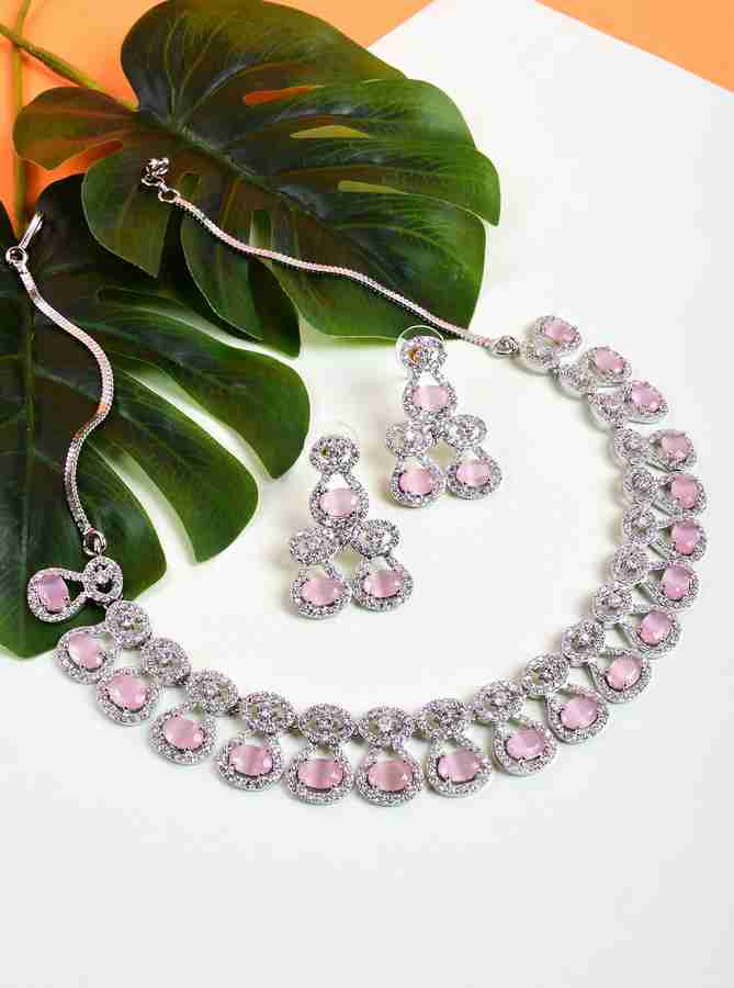 Buy Steorra Jewels Women s Silver Plated American Diamond Necklace Jewellery Set with Earring Cubic Zirconia Rhodium Plated Alloy Necklace Online at Best Prices in India Flipkart