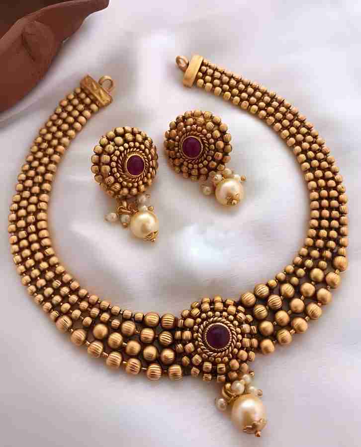 ROFARWORD Traditional Wedding Wear Necklace Jewellery Set For Women and Girls Zircon Gold plated Plated Copper Necklace Set