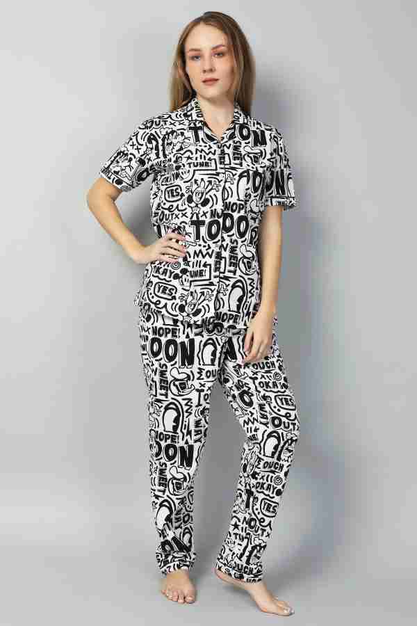 Hush Bunny Women Printed White Shirt Pyjama set Price in India