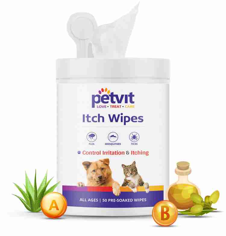 Petvit Itch Wipes for Relief Skin Irritations and Scratching with Aloe Vera Gel Neem Extract Paraben Free pH Balance For All Breed Dog Cat 50 Wipes For All