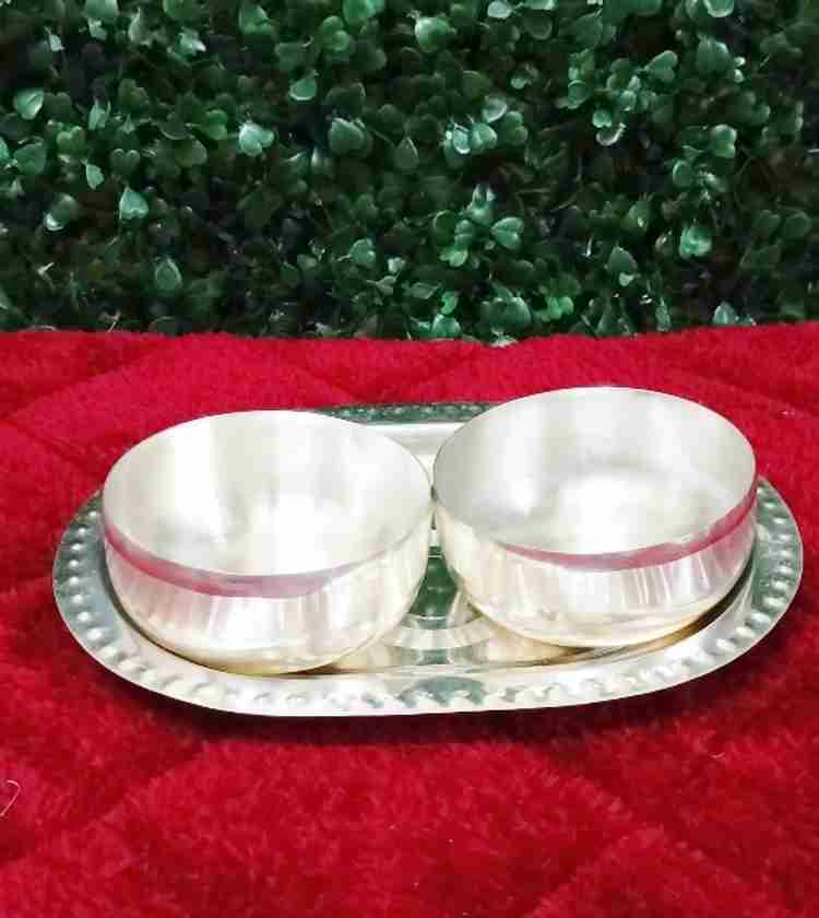 GODS CHOICE German Silver 2 Bowl With Plate For Pooja Bowl Size