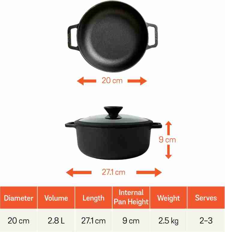 Buy Meyer Pre- Seasoned Cast Iron 3 Piece Cookware Set - 20cm Frying pan +  20cm Dutch Oven with Interchangeable Lid, Iron Cookware Set Combo Offer