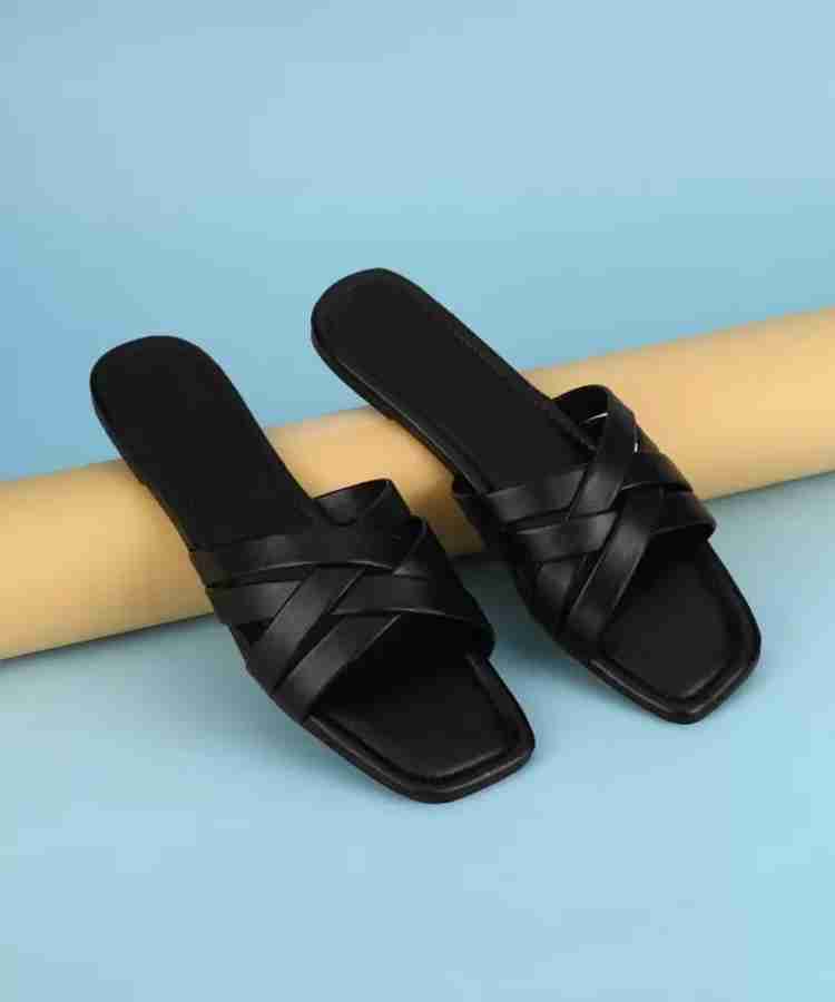 Womens black leather online slides