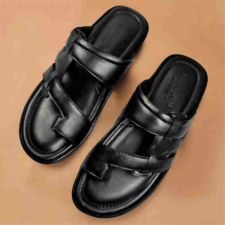 RICHER ROYAL Pure Leather Sandals for Men Black Slider Slippers