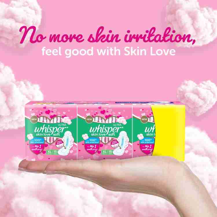 Whisper Ultra Skinlove Soft Sanitary Pads for Women|50 thin Pads|XL|Cottony  soft