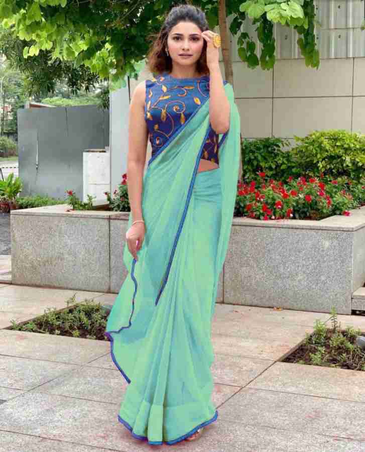 Teal blue Saree in Plain Chiffon