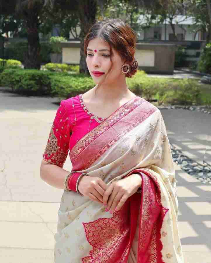 Buy Hokado Woven Banarasi Jacquard, Cotton Silk Cream Sarees